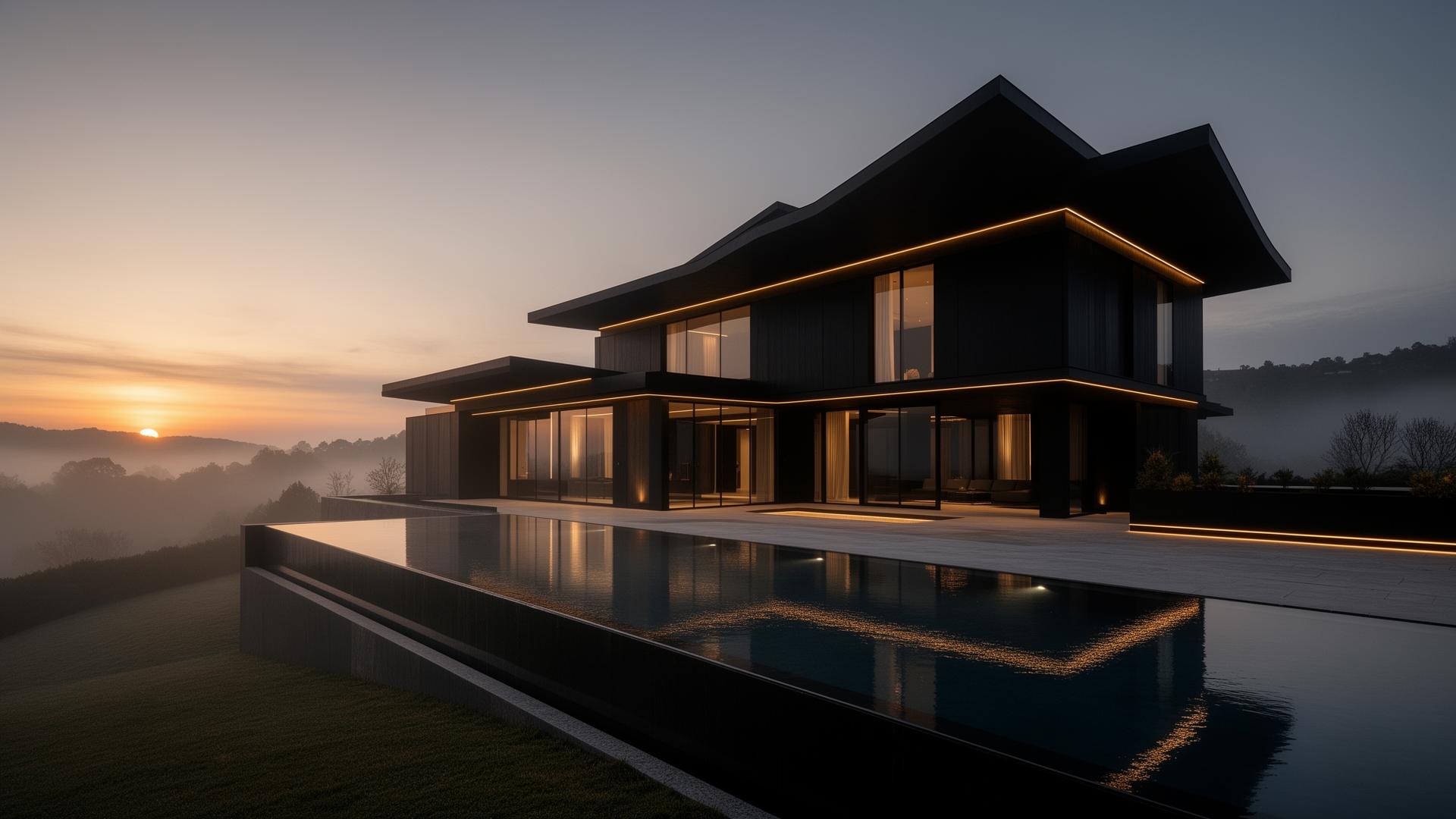 Cinematic matte-black villa at golden hour